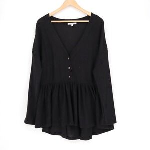 Park Adelyn Peplum Babydoll Blouse Top Women Large Black Henley Neck Waffle Knit